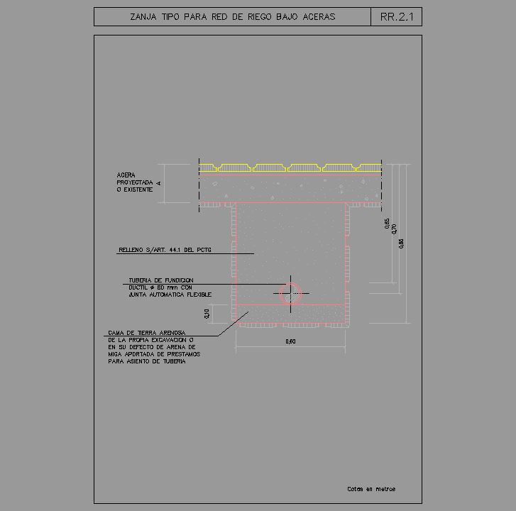 Bloque Autocad ZANJA TIPO PARA RED DE RIEGO BAJO ACERAS